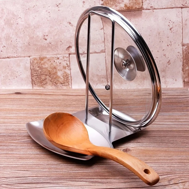 Kitchen Countertop Pot Lid And Spoon Rest Stainless Steel Holder Rack With Draining Tray Utensil Storage Stand Washing Basket
