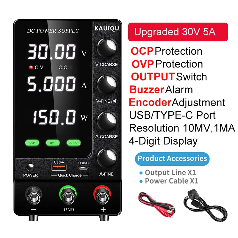 KUAIQU 2024 Newest OCP OVP DC Adjustable Laboratory Power Supply 30V 10A 5A Output Switch USB-A TYPE-C Port Fast Charging 120V