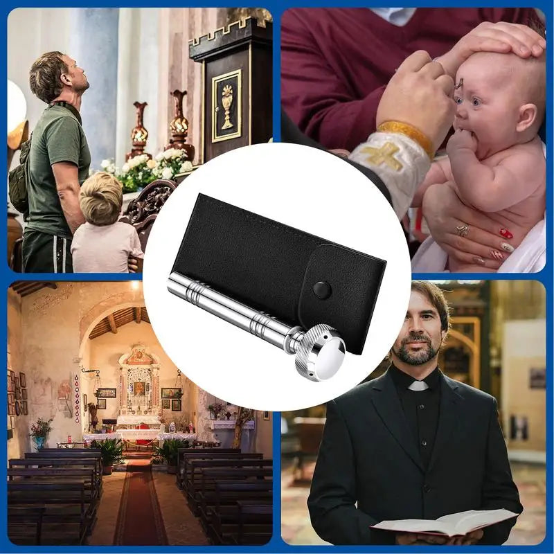 Christian Pocket Holy Water Sprinkler with Leather Storage Bag Religious Copper Holy Water Container Dispenser Travel Sprinkler