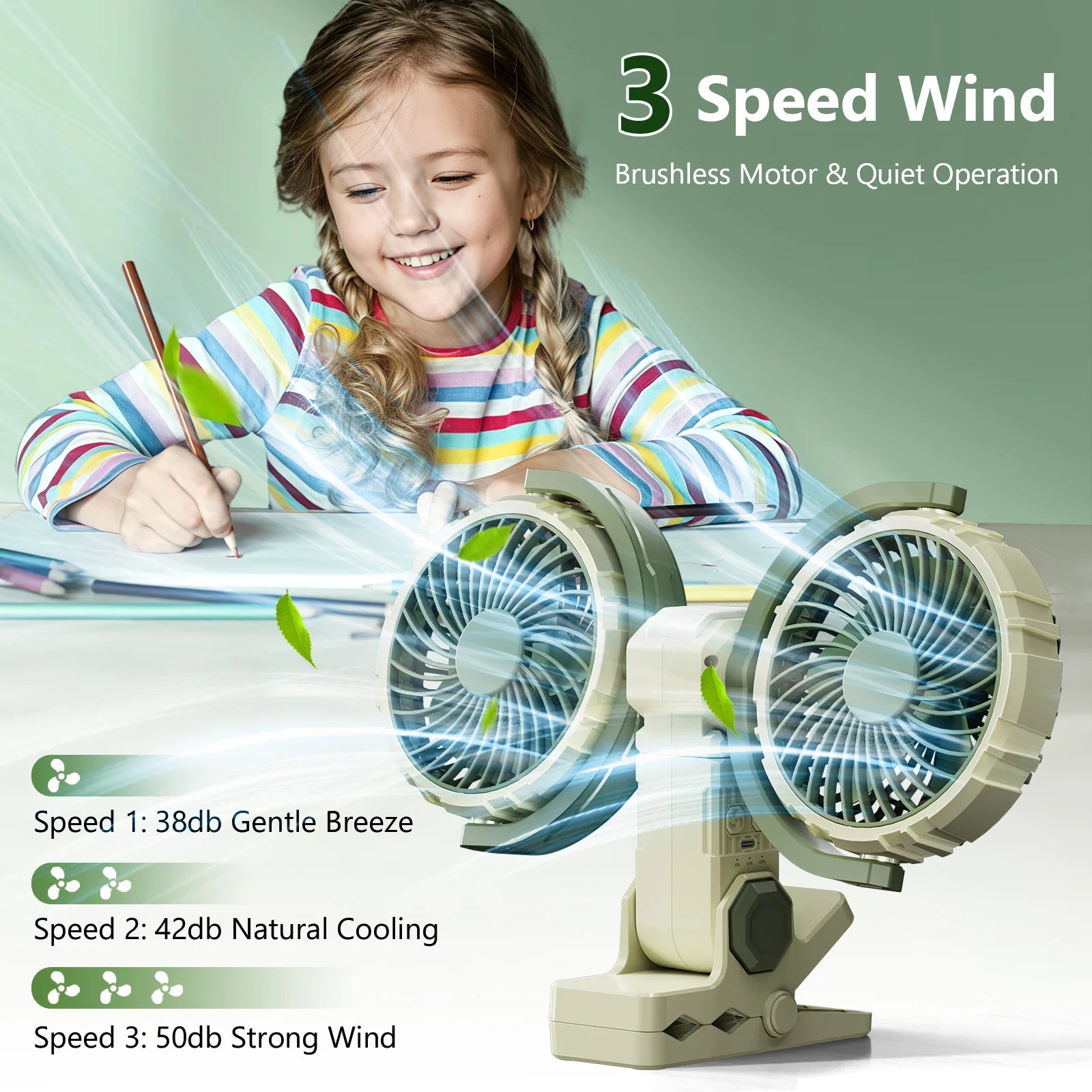 Eary Dual Head Clip On Fan Mount For Desktop With 4000mAh Battery Oper