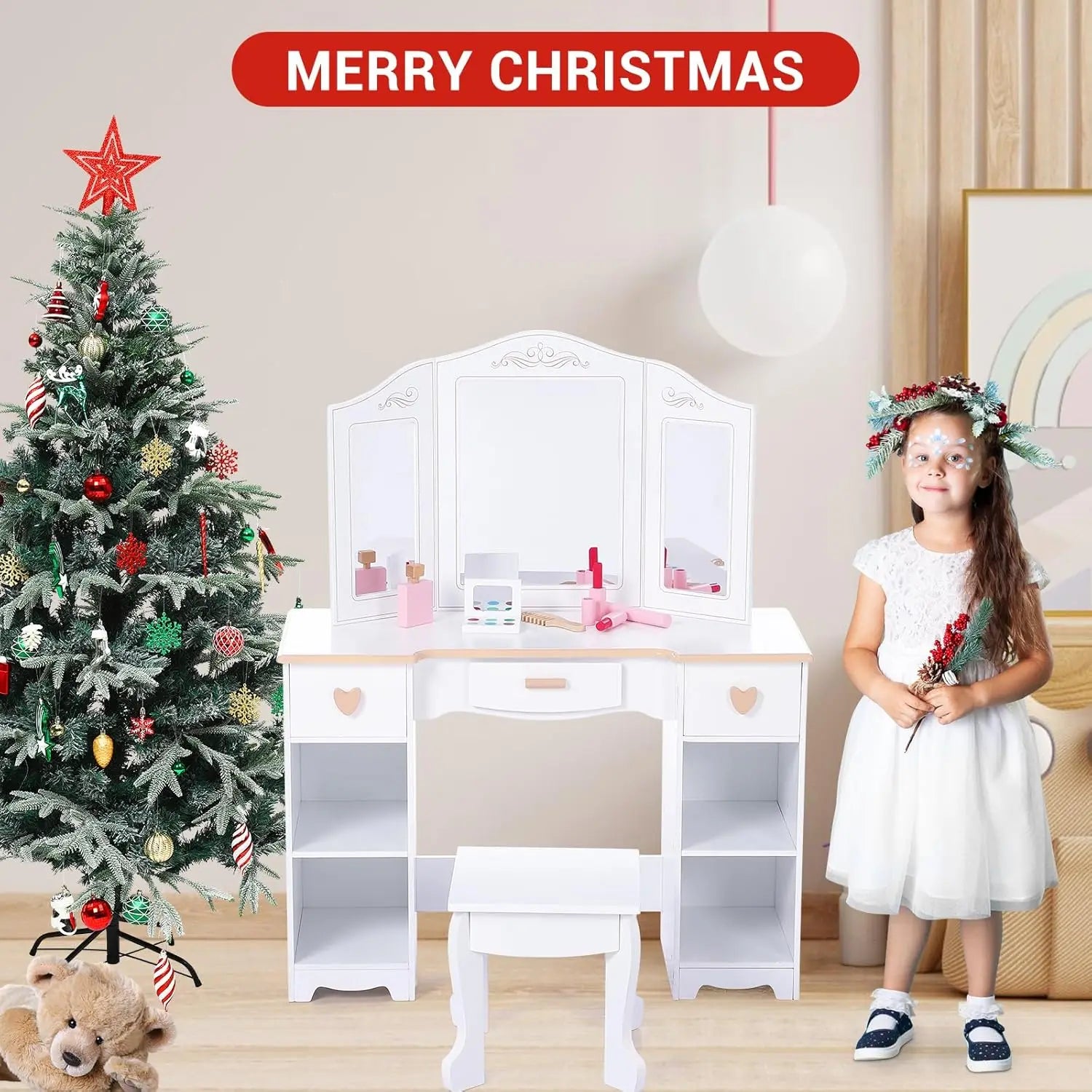 Princess Vanity Set for Kids White Makeup Table with Mirror Stool and Wooden Play Makeup Accessories
