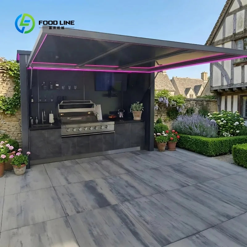 Customized Antirust Stainless Steel Outdoor Kitchen with Closable Shed Moisture Resistant Outdoor Kitchen BBQ Pod for Villa