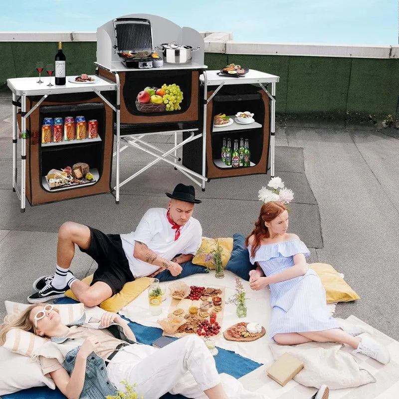 Hot-selling Outdoor Camping Mobile Kitchen Portable Outdoor Foldable Cooking Station Camping Kitchen Table WIth Storage