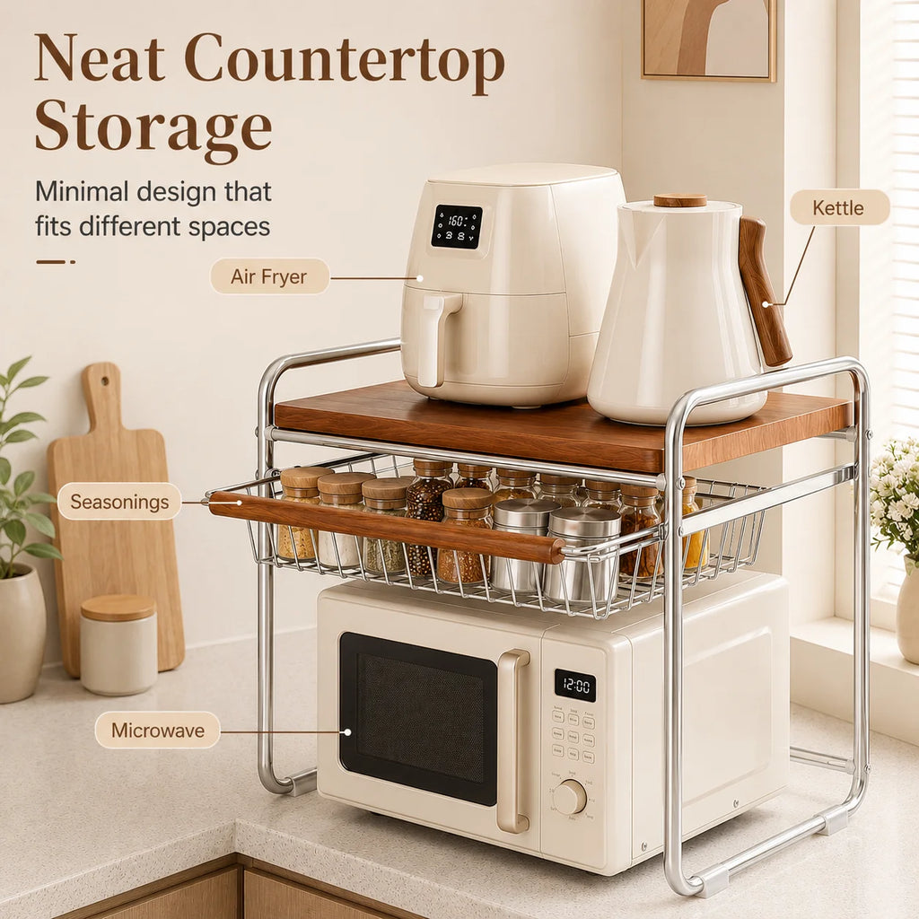 Microwave Oven Rack with Pull-Out Basket Kitchen Countertop Storage Shelf Metal Wood Grain Organizer for Rice Cooker