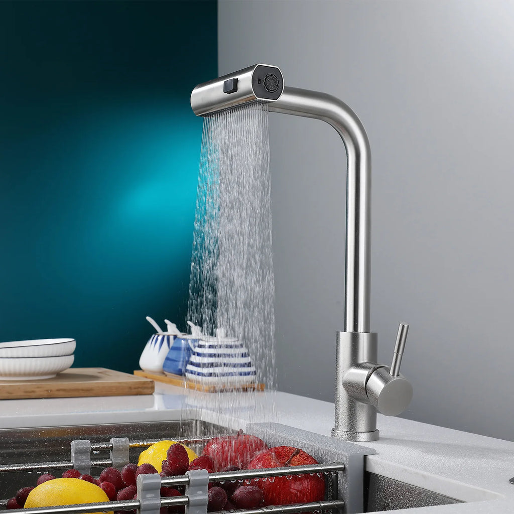 Grifo de cocina con rociador extraíble, grifo para fregadero de cocina en cascada, grifo de cocina comercial de acero inoxidable