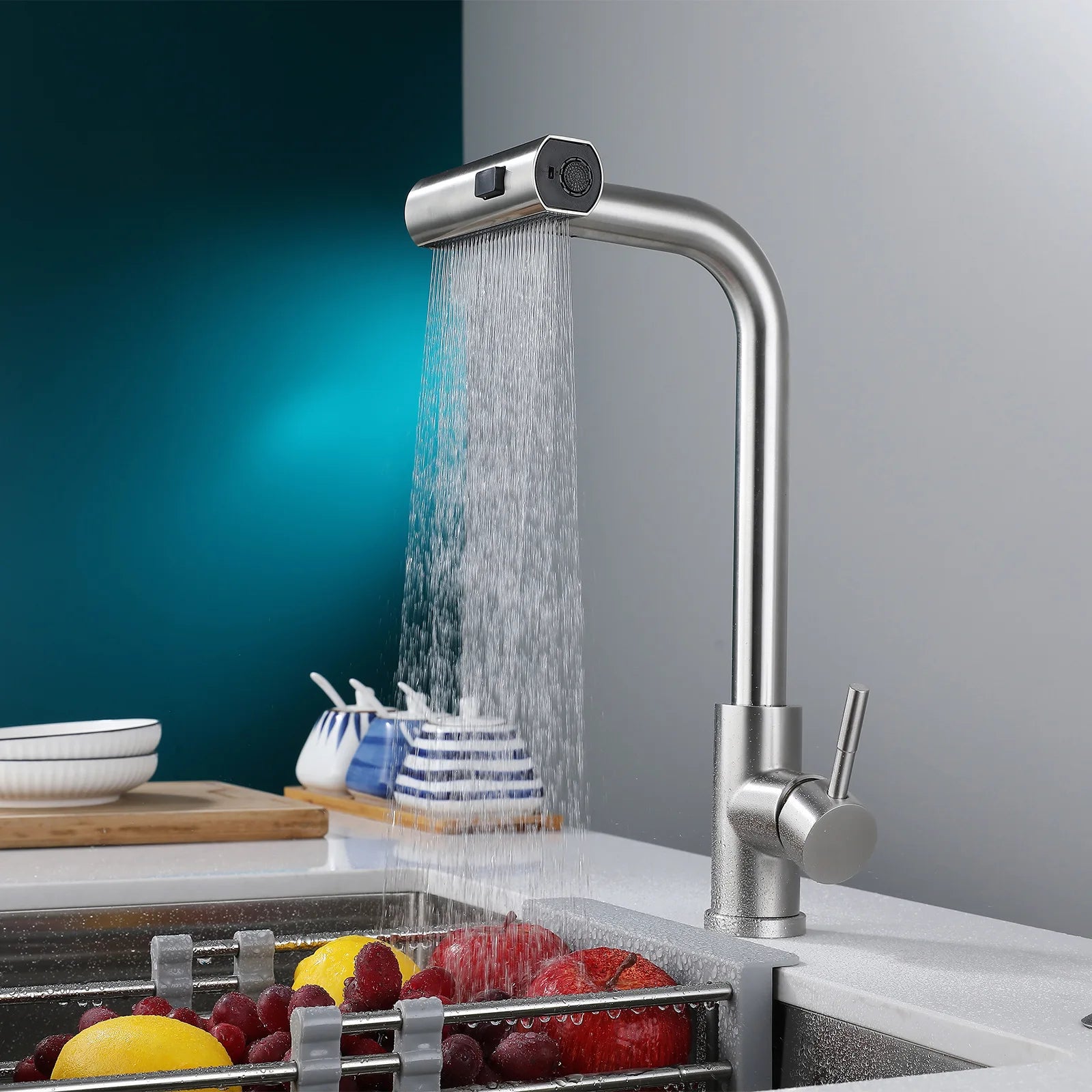 Grifo de cocina con rociador extraíble, grifo para fregadero de cocina en cascada, grifo de cocina comercial de acero inoxidable