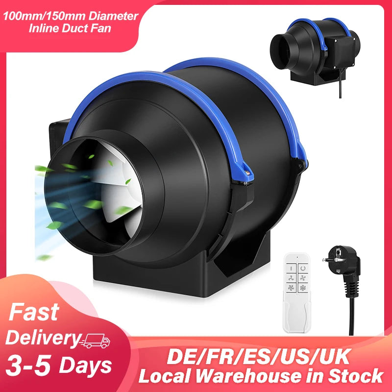100/150 mm Pipe Exhaust Fan 4 Speed Inline Duct Fan Extractor Low Noise Air Ventilator Bathroom Toilet Wall Fan Duct Fan 220V EU