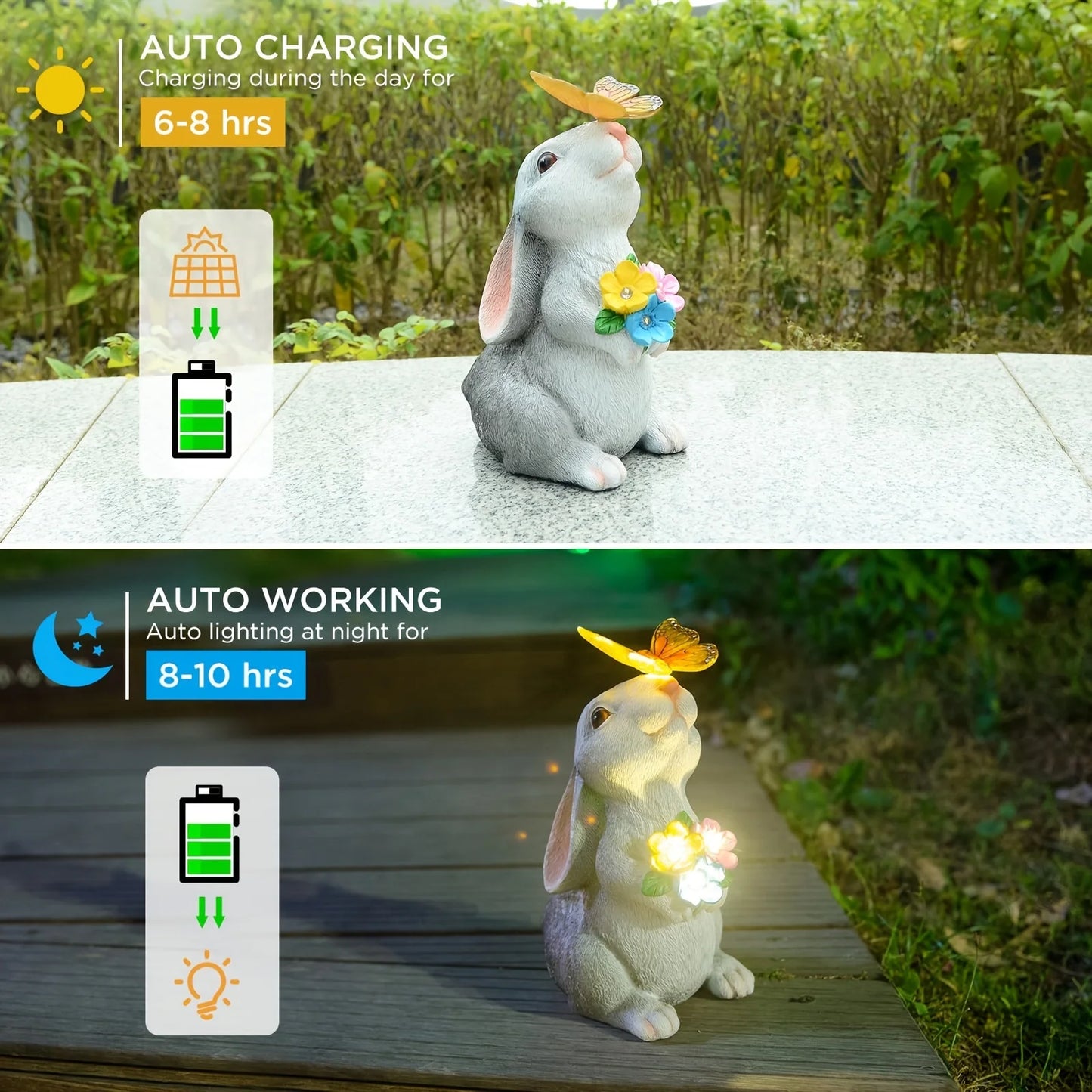 Outdoor Rabbit Statue Decoration With Solar Powered Butterfly Light Resin Art Deco Rabbit Figurine For Garden Lawn Patio