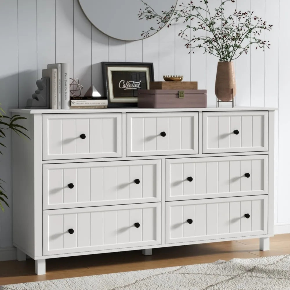 Farmhouse 7 Drawers Dresser for Bedroom, White Dresser Chest of Drawers, Wood Storage Dressers with Deep Drawers and Metal Handl
