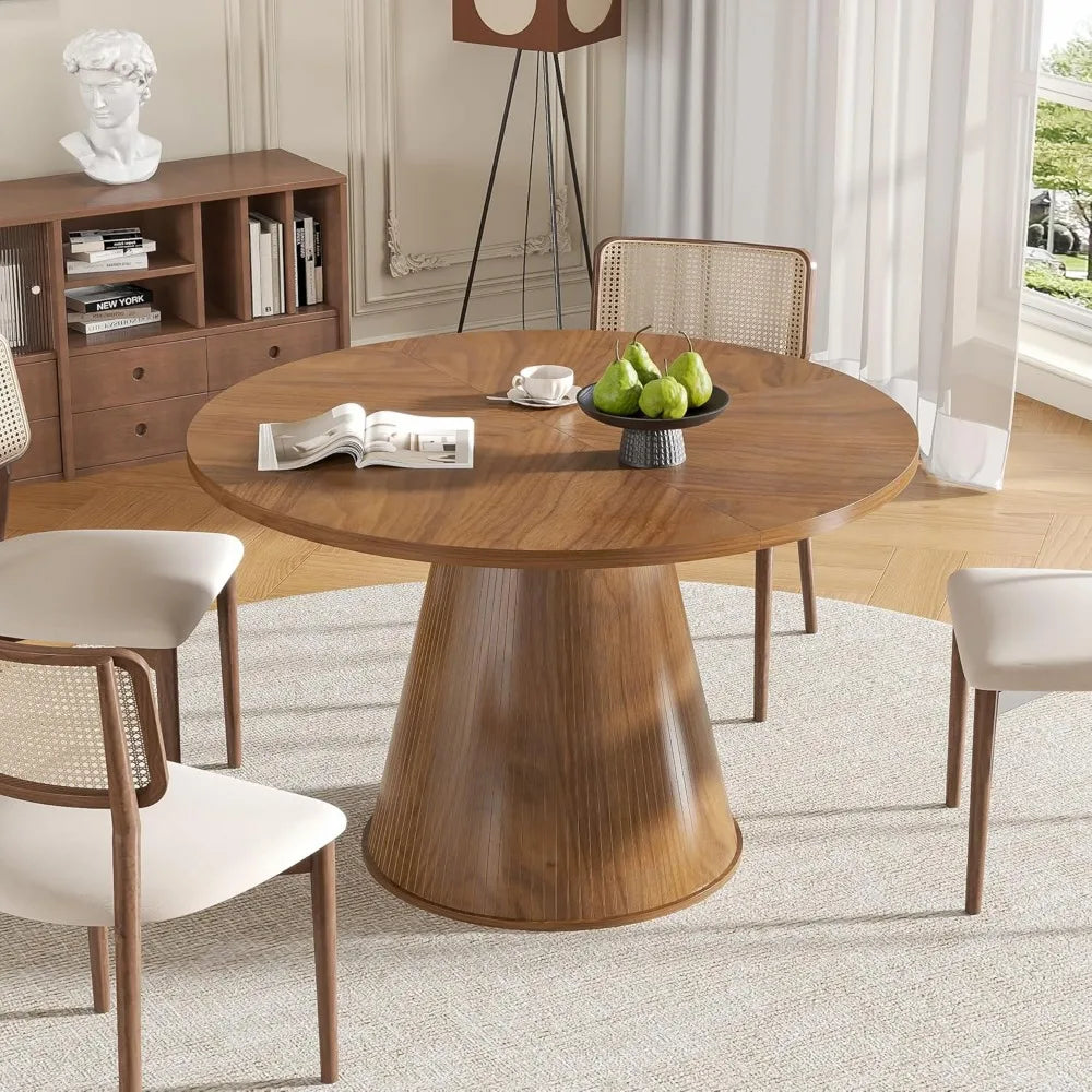 Round Dining Table for 4, Farmhouse Fluted Dining Kitchen Table, 47 Inch Modern Wood Small Circle Dining Table for Kitchen