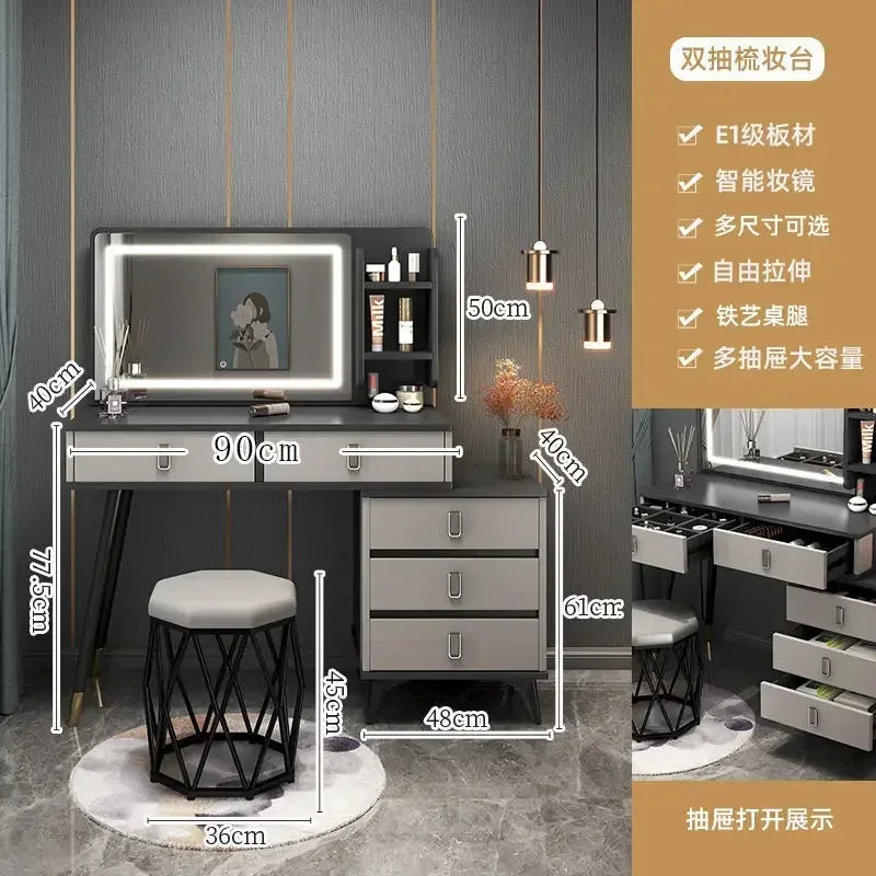 Luxury Dressing Table Comfortable Vanity Makeup Desk LED Large Mirror Drawer for Bedroom Wood Furniture Chest of Drawers Home