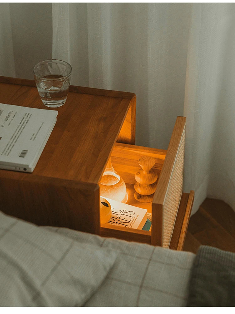 Rattan Weaving Bedroom Furniture, Bedside Table, Multifunctional Small Side Storage Cabinet, Solid Wood Night Stand Customized