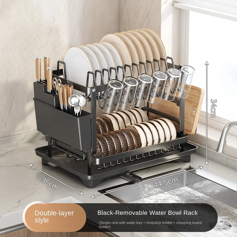 Self-drainage kitchen storage shelf for dishes and bowls, multifunctional foldable bowl and chopsticks storage, countertop drain