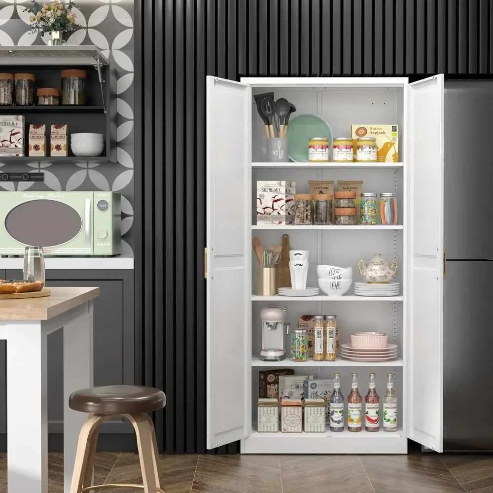 Kitchen Pantry Cabinet,71”White Metal Pantry Storage Cabinet with Doors and 4 Adjustable Shelves,Kitchen Cabinet with 2