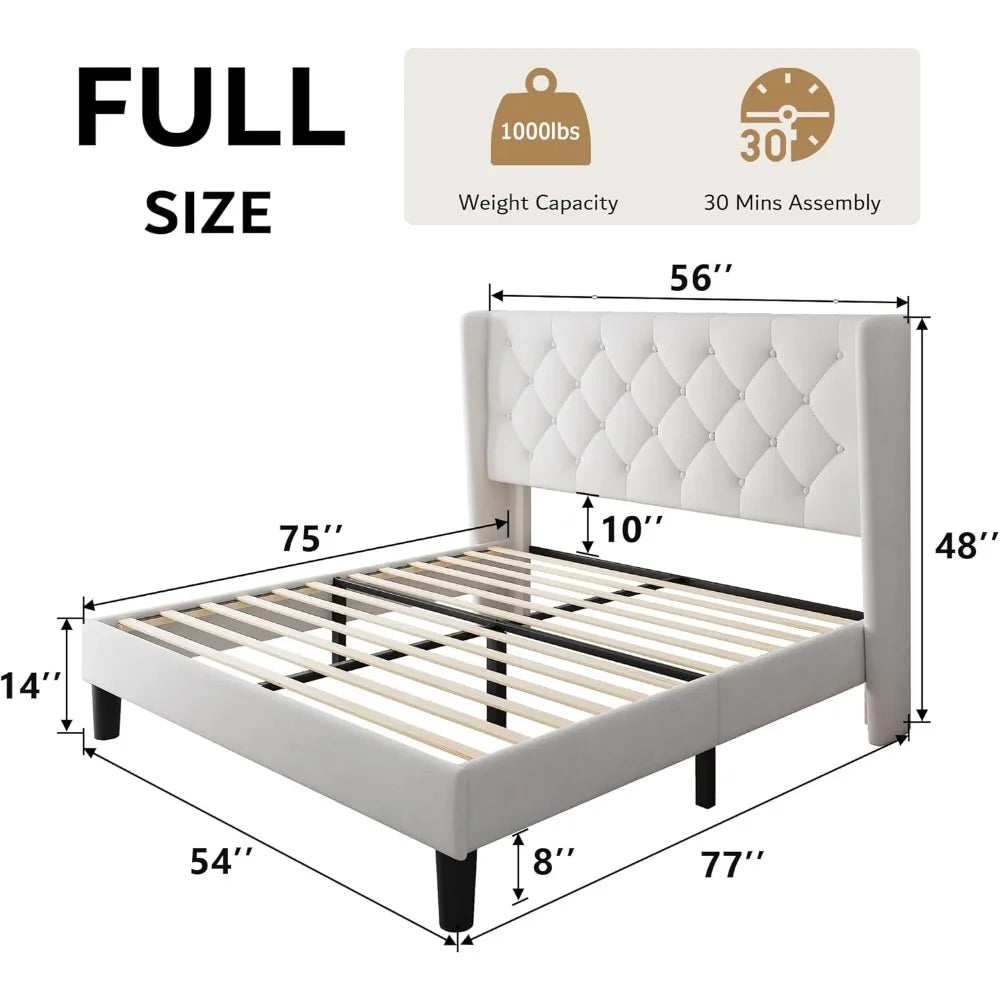 Velvet Platform Bed Frame with Button Tufted Headboard, Upholstered Bed Frame with Solid Wooden Slats, 8" Underbed Space