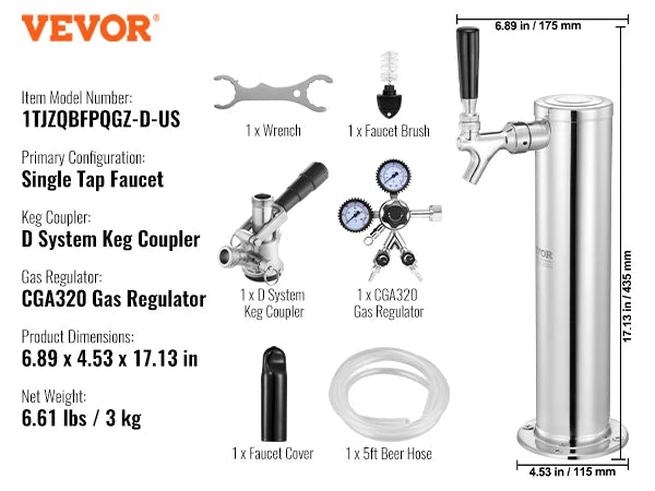 VEVOR Kegerator Tower Kit Single Tap Beer Conversion Kit Stainless Steel Keg Beer Tower Dispenser Dual Gauge W21.8 Regulator