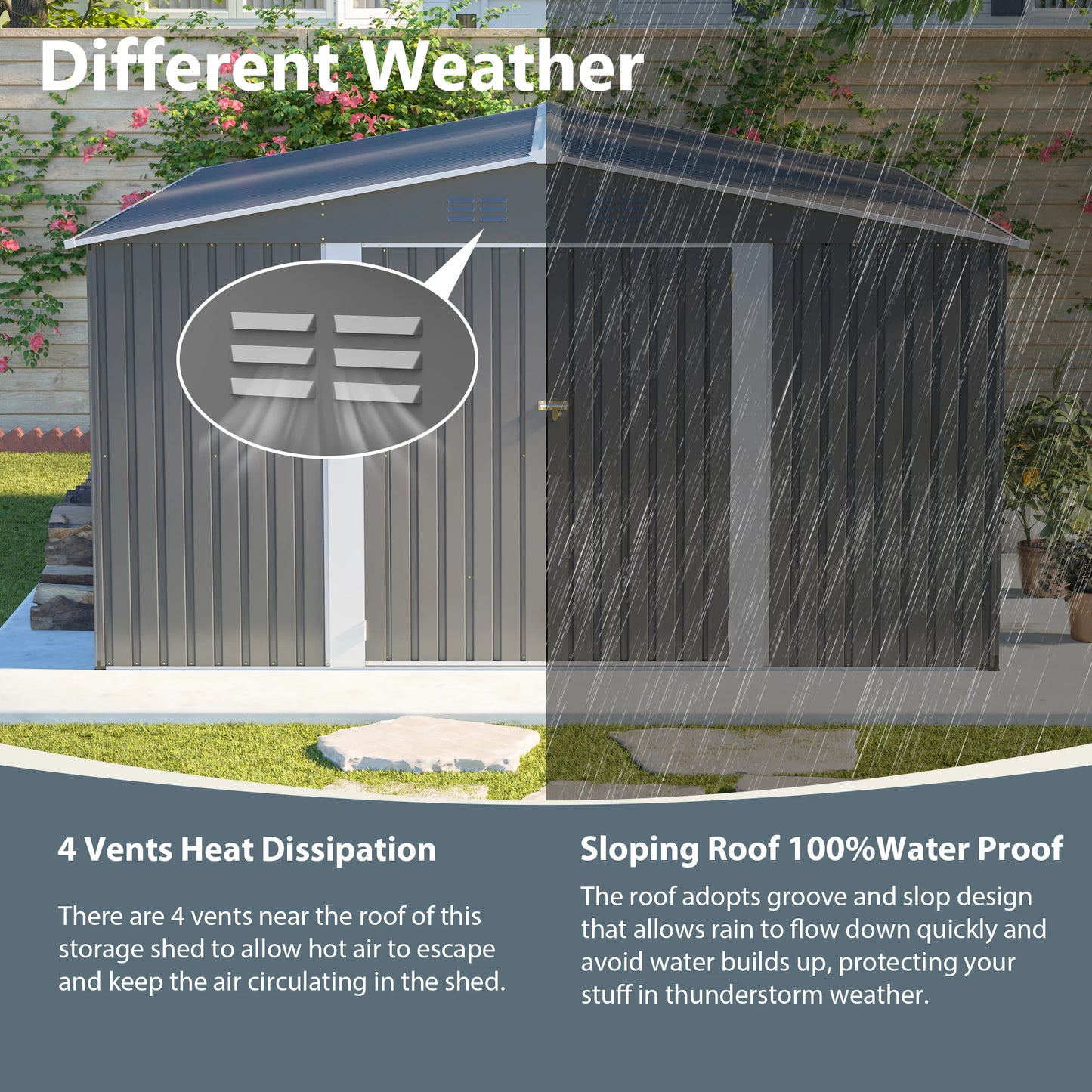 12x14FT Metal Outdoor Storage Shed, Lockable Double Doors, Waterproof Garden Tool House, Light Gray