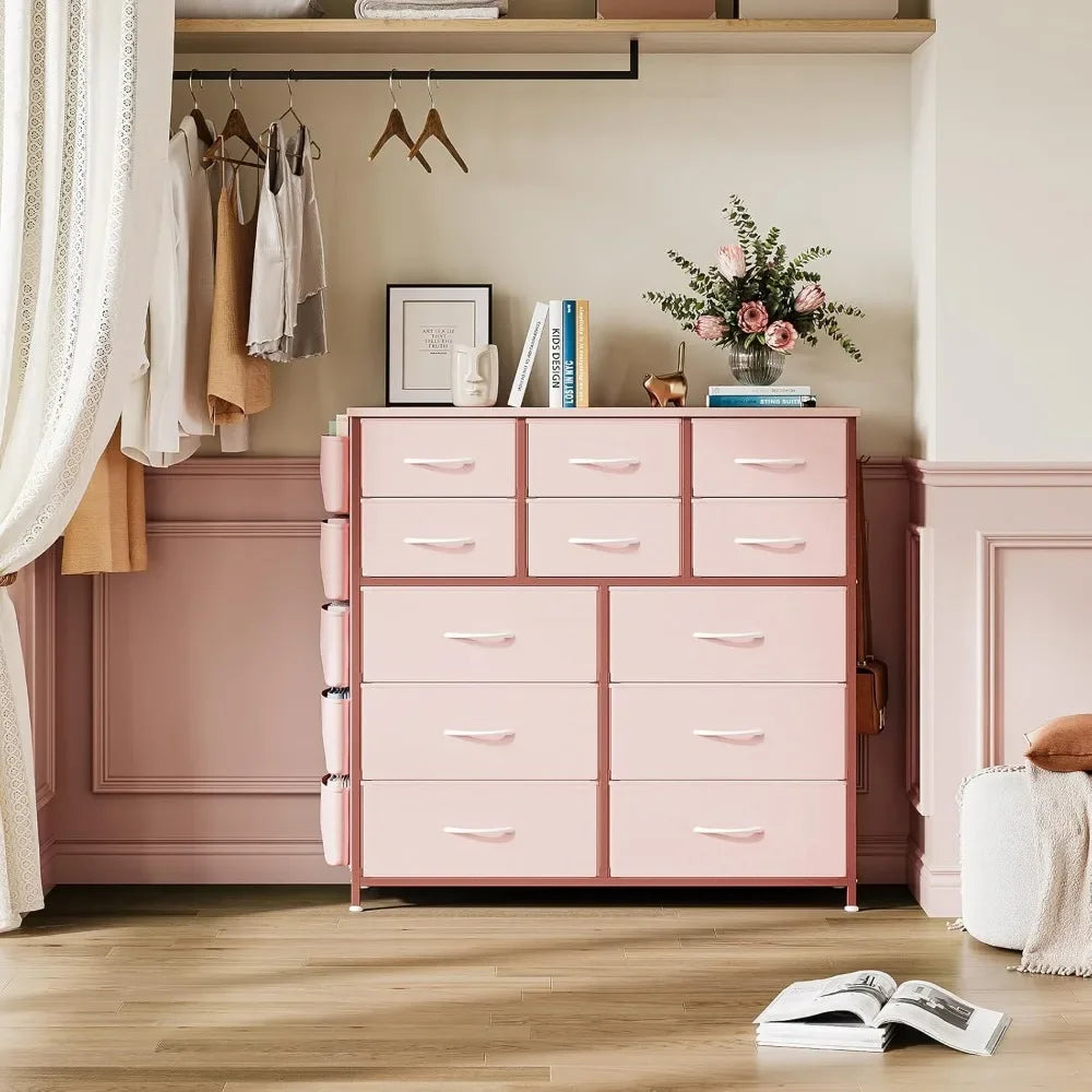 12 Dresser for Bedroom, Chest of Drawers for Bedroom with Side Pockets and Hooks, Fabric Storage Dresser, Sturdy Steel Frame