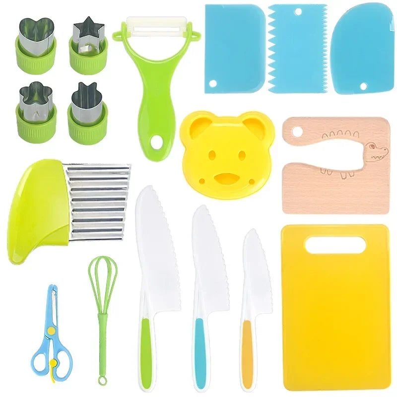 13/17PCS Montessori Kids Cooking Set Safe Knives Toddler Kitchen Tools for 2-8 Year Old Real Cooking Role Play Toy