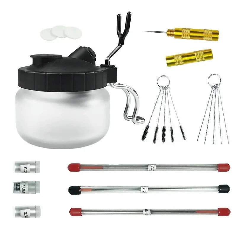 Onnfang 0.2/ 0.3/0.5mm Airbrush Cleaning Pot Glass Jar Bottles Filter Frosted Spray Gun Cleaner Tools Set Airbrush Accessories