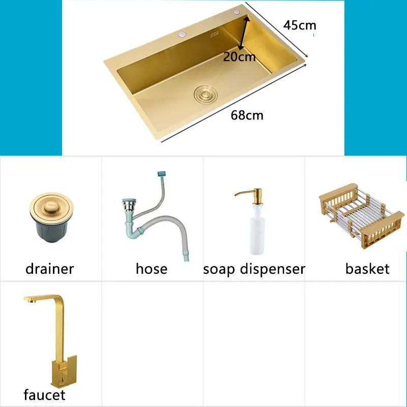 Gold Kitchen Sink Above Counter 304 Stainless Steel Single Bowl Goldn Basket Drainer Soap Dispenser Washing Basin