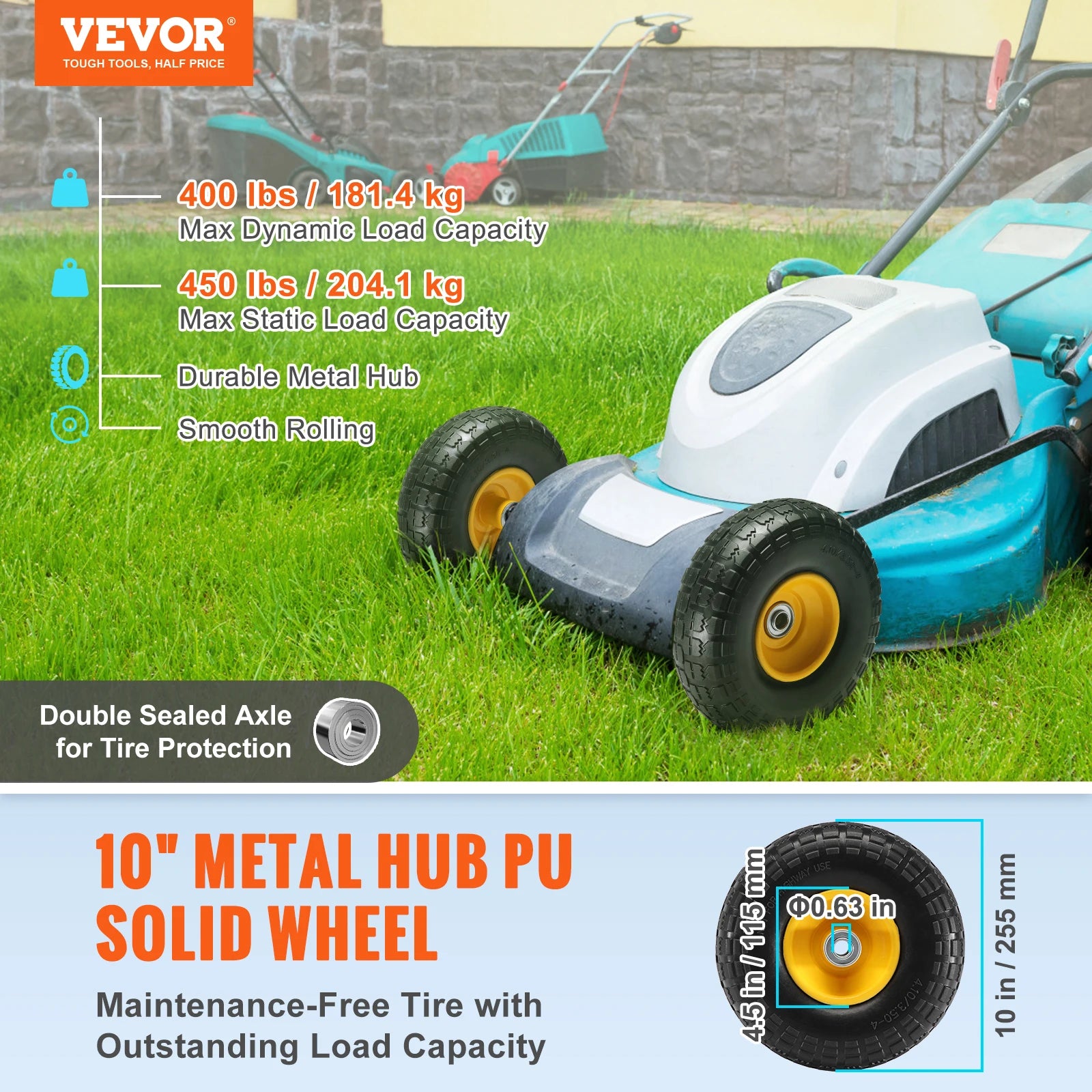 VEVOR 2-Pack Solid PU Run-Flat Tire Wheel 10" Flat Free Tubeless Tires and Wheels for Dollies Garden Trailers Various Carts