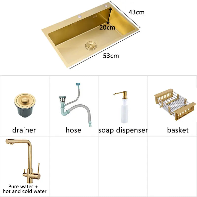 Gold Kitchen Sink Above Counter 304 Stainless Steel Single Bowl Goldn Basket Drainer Soap Dispenser Washing Basin