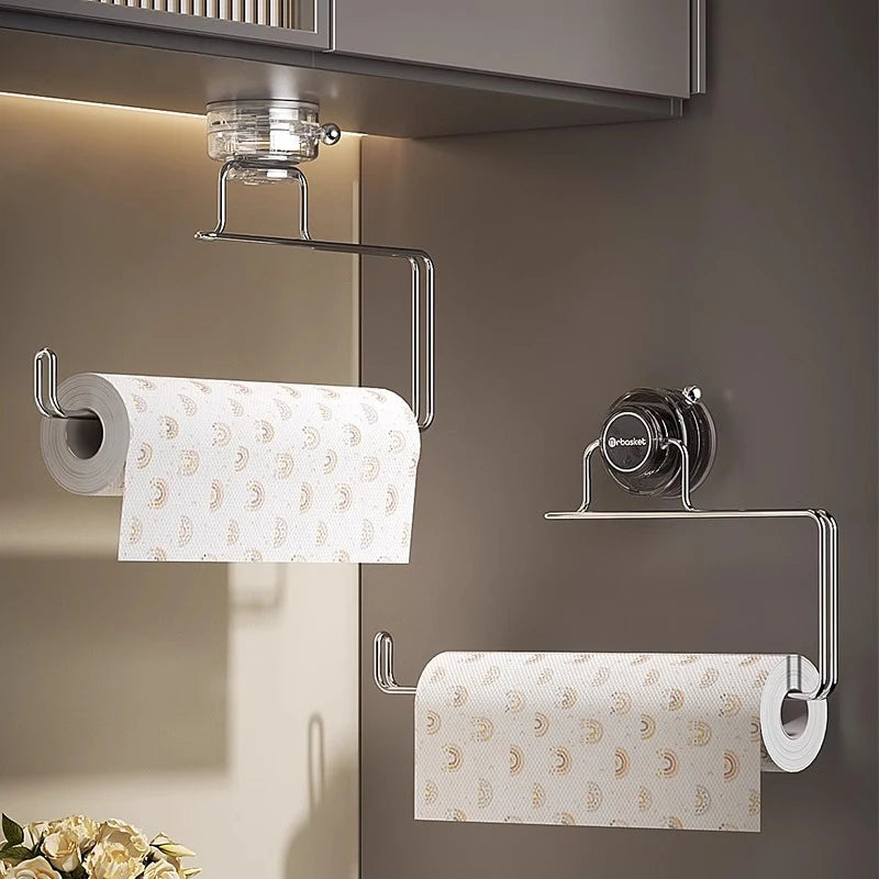 Kitchen Storage Rack Suction Cup Wall Mounted Non Perforated Stainless Steel Tissue Holder Bathroom Storage Home Storage