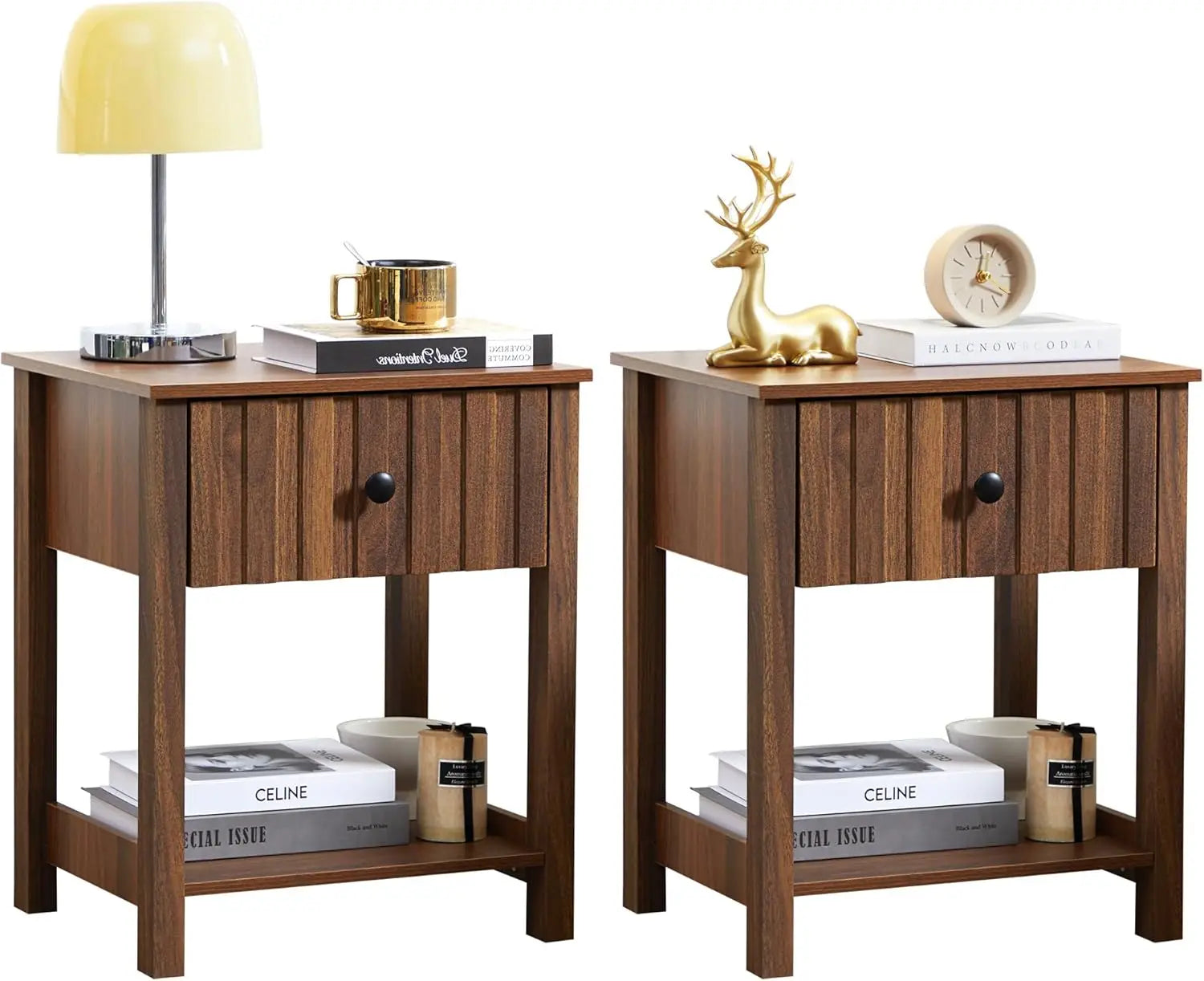 Wood Nightstand, 21.65" H Bedside Table with Wide Fluted Finish, Modern Night Stands with Drawer, Mid Century End Table
