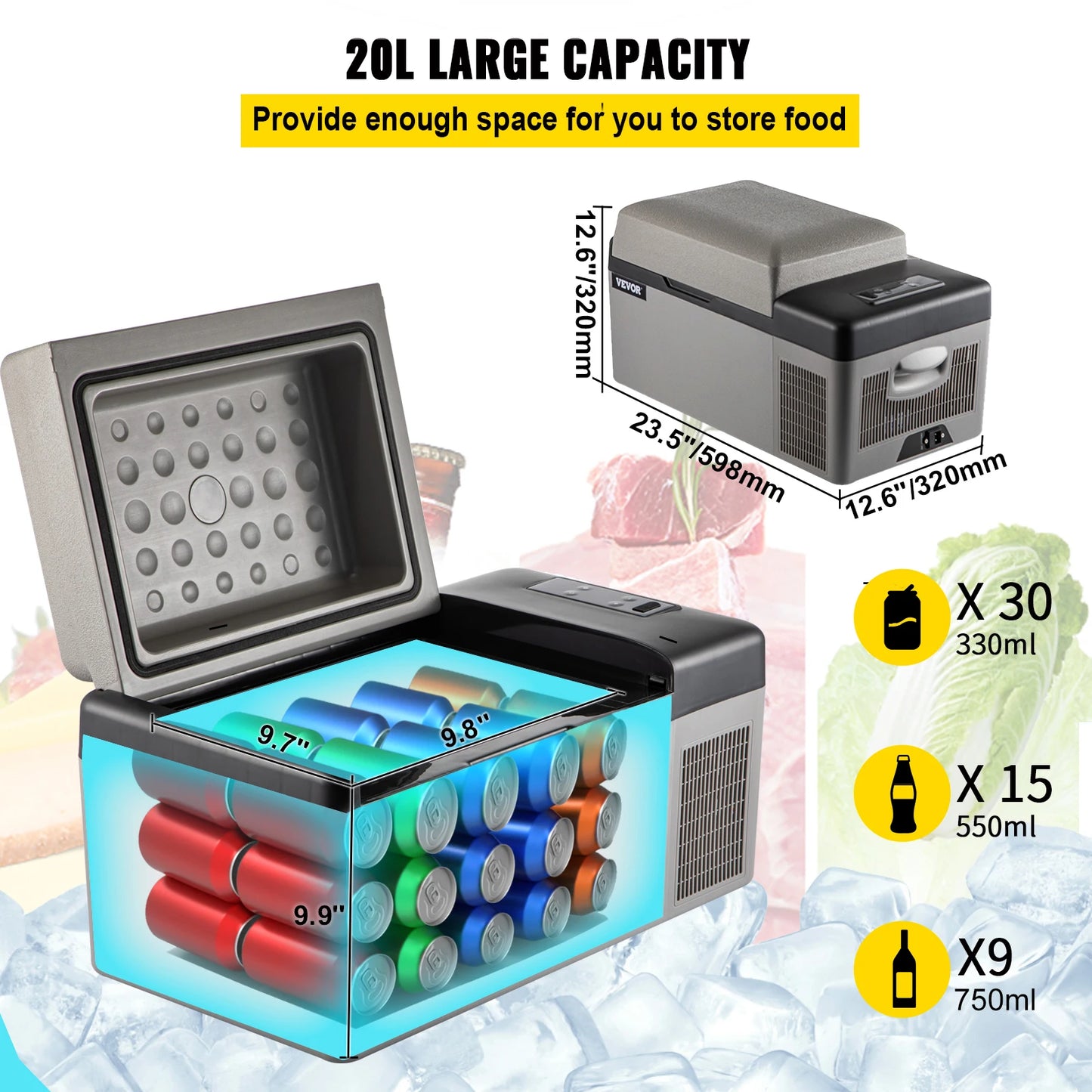 VEVOR 20L Car Refrigerator Mini Fridge Freezer Portable Compressor Cooler 12/24V DC 110-240V Ice Box for Camping