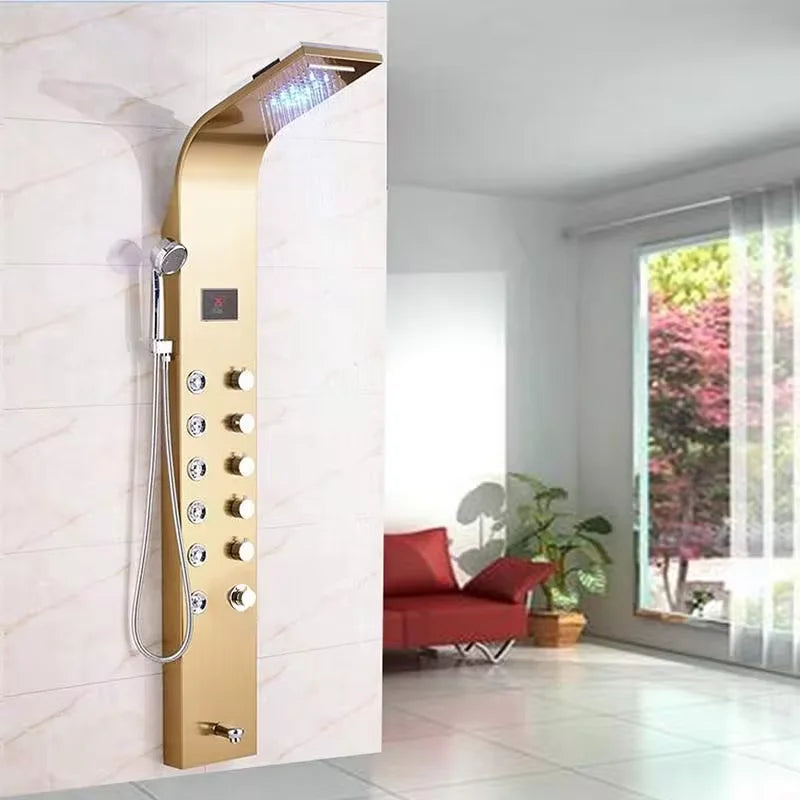 Gold Shower Panel LED Light Bathroom Six Functions Shower Column Tower Digital Screen Waterfall Shower Massage Spa Jets Tub