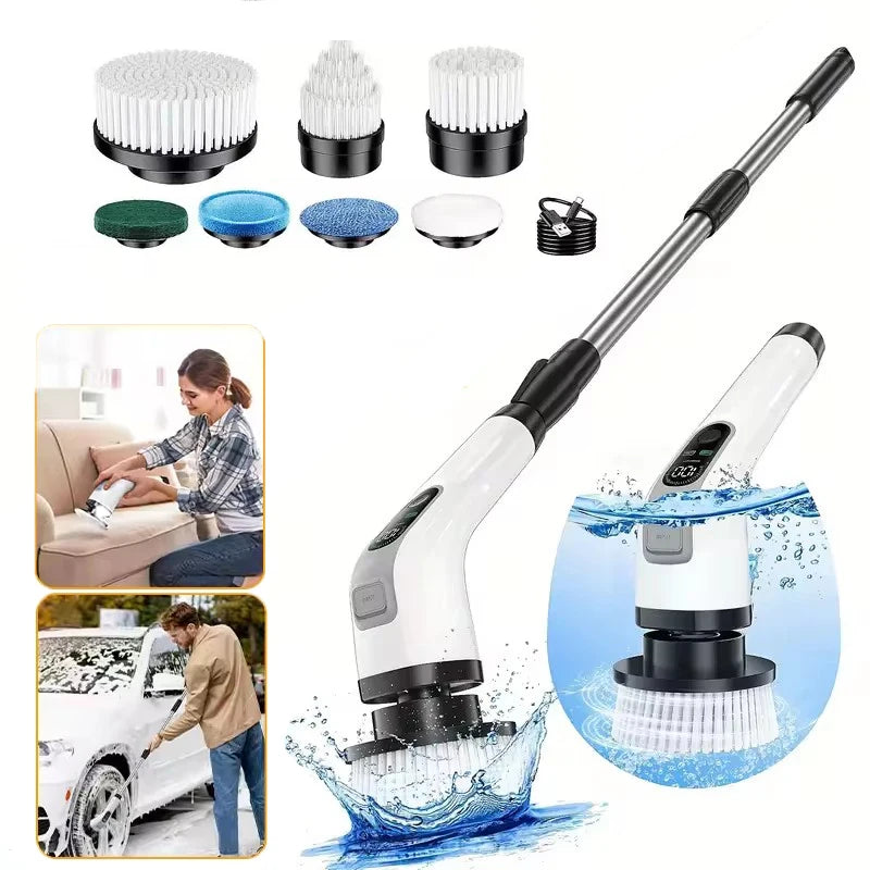 Electric Spin Scrubber Shower Scrubber Cordless Cleaning Brush with 7 Replaceable Brush Heads and Squeegee Adjustable Extension