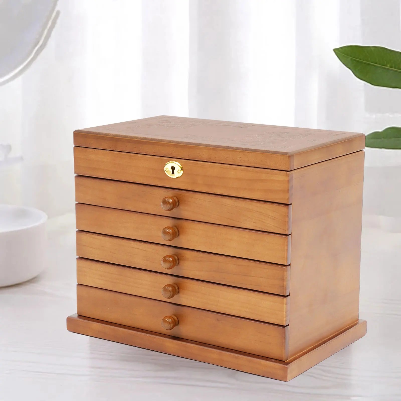 6 Tiers Wooden Jewelry Storage Box - Vintage Jewelry Organizer with Mirror and Lock for Earrings Rings Necklaces Watches