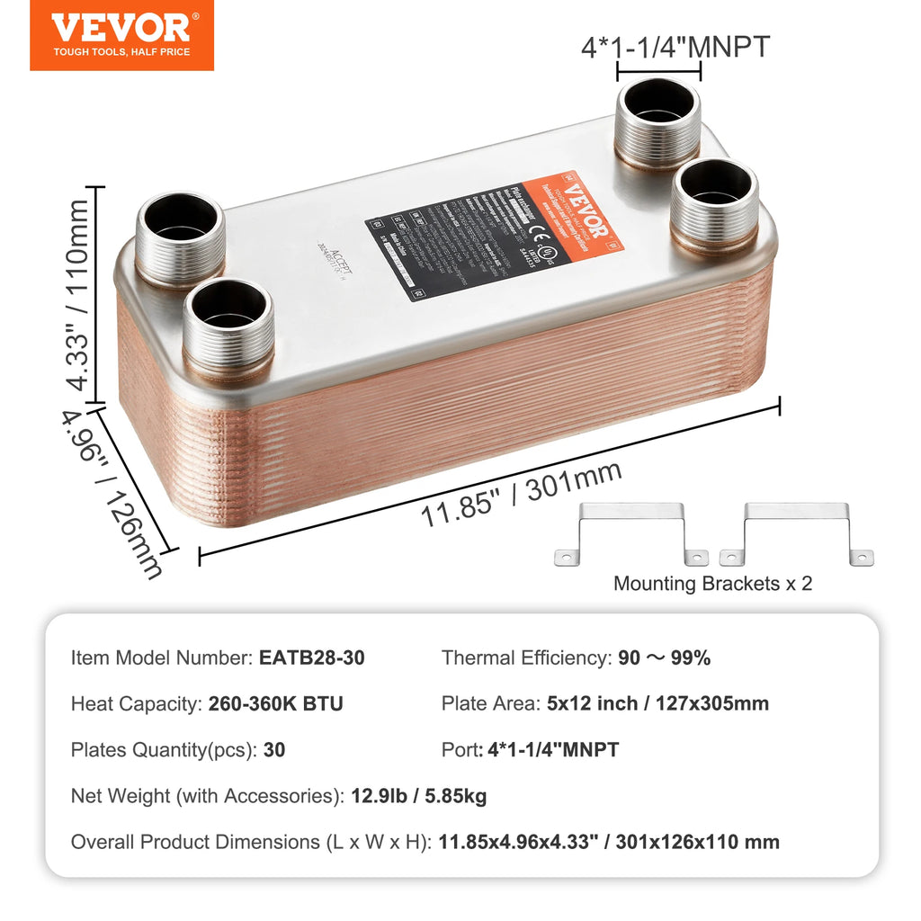 VEVOR Heat Exchanger 5"x 12" 80 Plates Brazed Plate Stainless Steel For Floor Heating Water Heating Snow Melting Beer Cooling