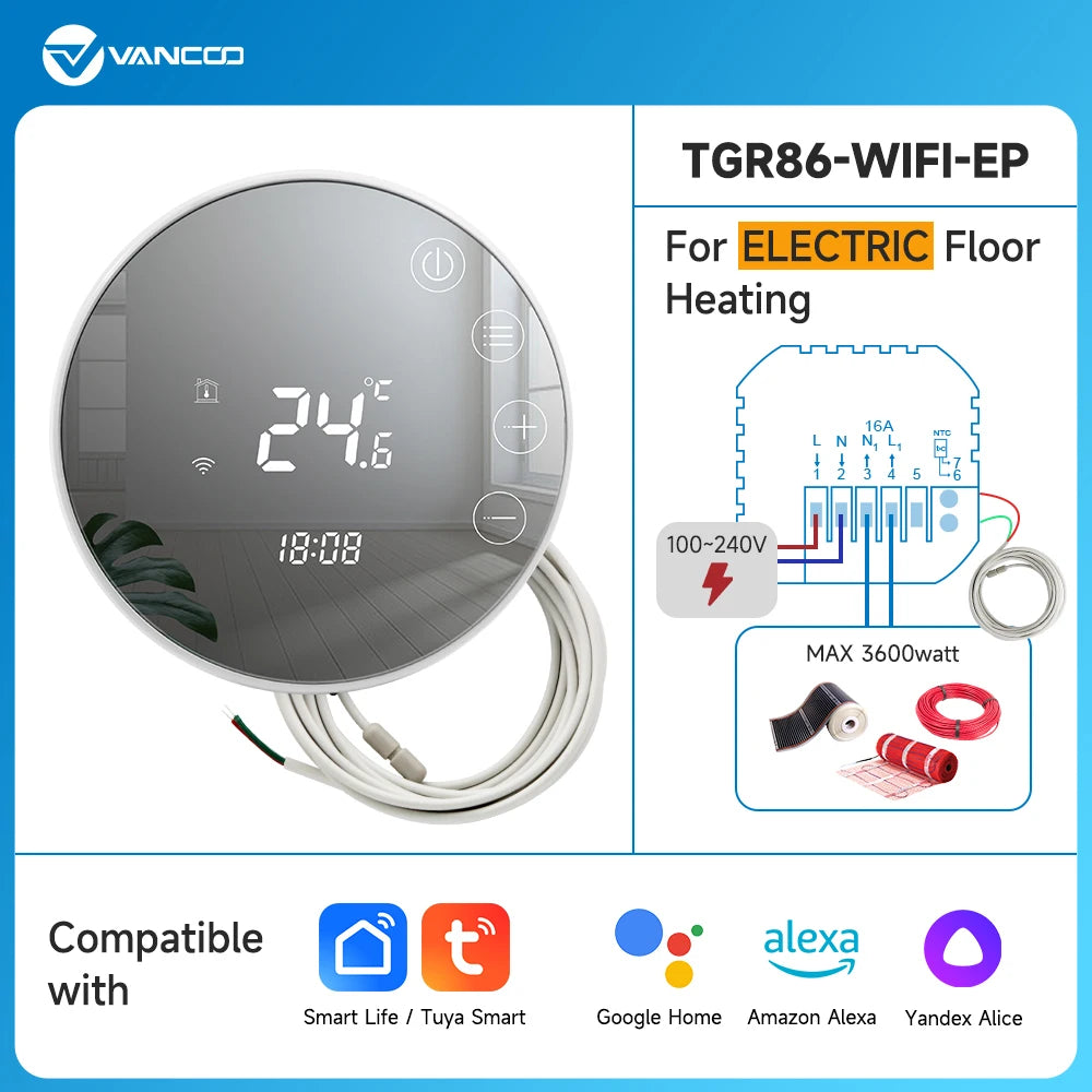 Round Floor Thermostat with LCD Mirror Screen Tuya Smart WiFi Heating Thermostat Warm Room Temperature Controller Alexa Alice
