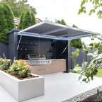 Customized outdoor kitchen in black appearance, affordable cost and stainless steel canopy included