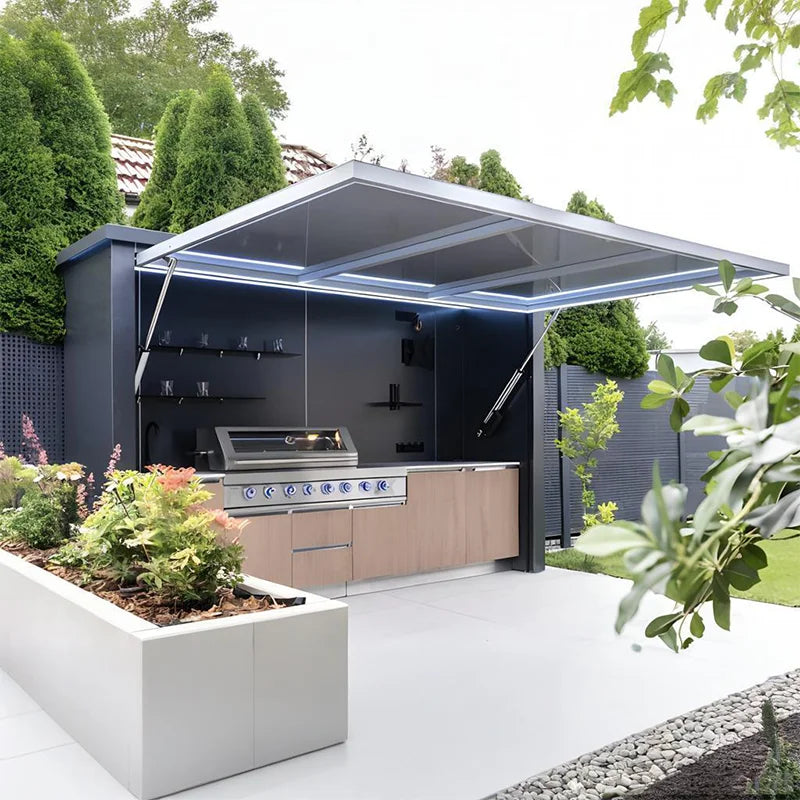 Customized integrated outdoor kitchen solution including design, gazebo structure and full cooking gear