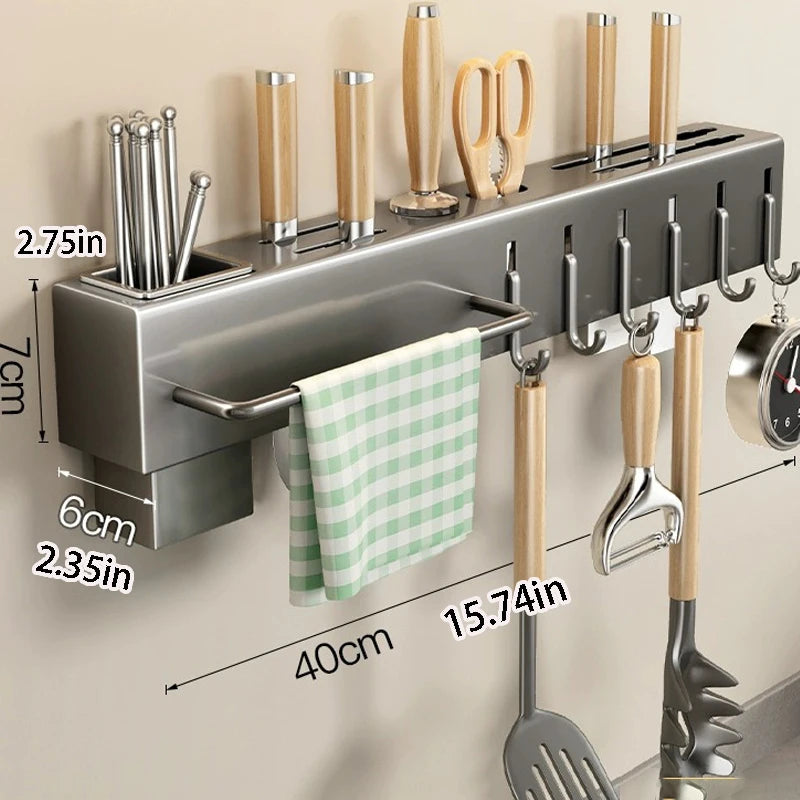 Multifunctional Wall-Mounted Kitchen Storage Rack, Heavy-Duty Carbon Steel Knife Holder, Knife Storage Rack with Hooks, No-Drill Installation, Home and Restaurant Storage for Knives, Cutlery, and Cutting Boards, Space-Saving