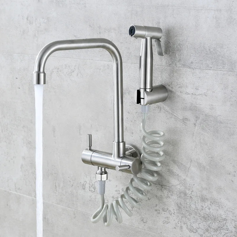 Wall Mounted Kitchen Faucet Stainless Steel Cold Water Tap Quick Open Balcony Laundry Pool Tap with Sprayer Bidet Shower Nozzle