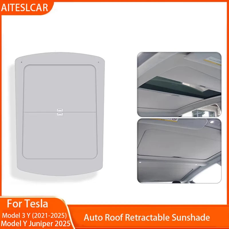 New Retratable Sunshade For Tesla Model Y Juniper 2025 Roof Shade Scroll Original Sun Visor Model 3 Y 2021-2024Pleated Sunscreen