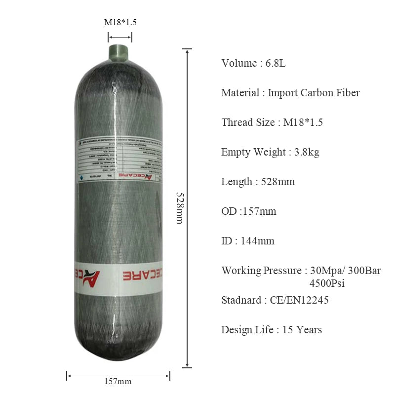 ACECARE 4500Psi 300Bar 6.8L Carbon Fiber Cylinder High Pressure Air Tank with Charging Station HPA Diving Fill Station M18*1.5