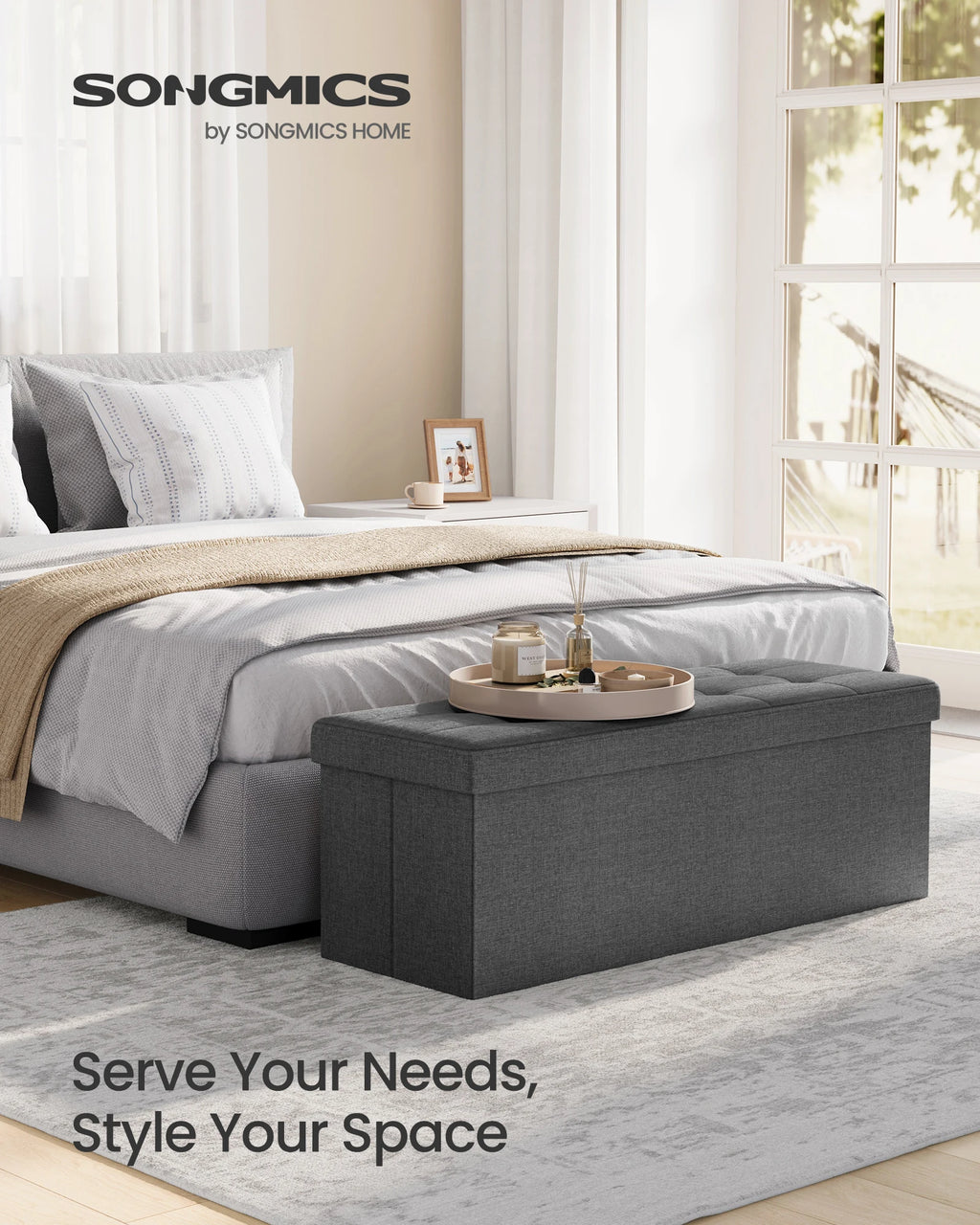 SONGMICS Mazie Collection - 43 Inches Folding Storage Ottoman Bench, Ottoman Foot Rest, End of Bed Bench, Storage Chest