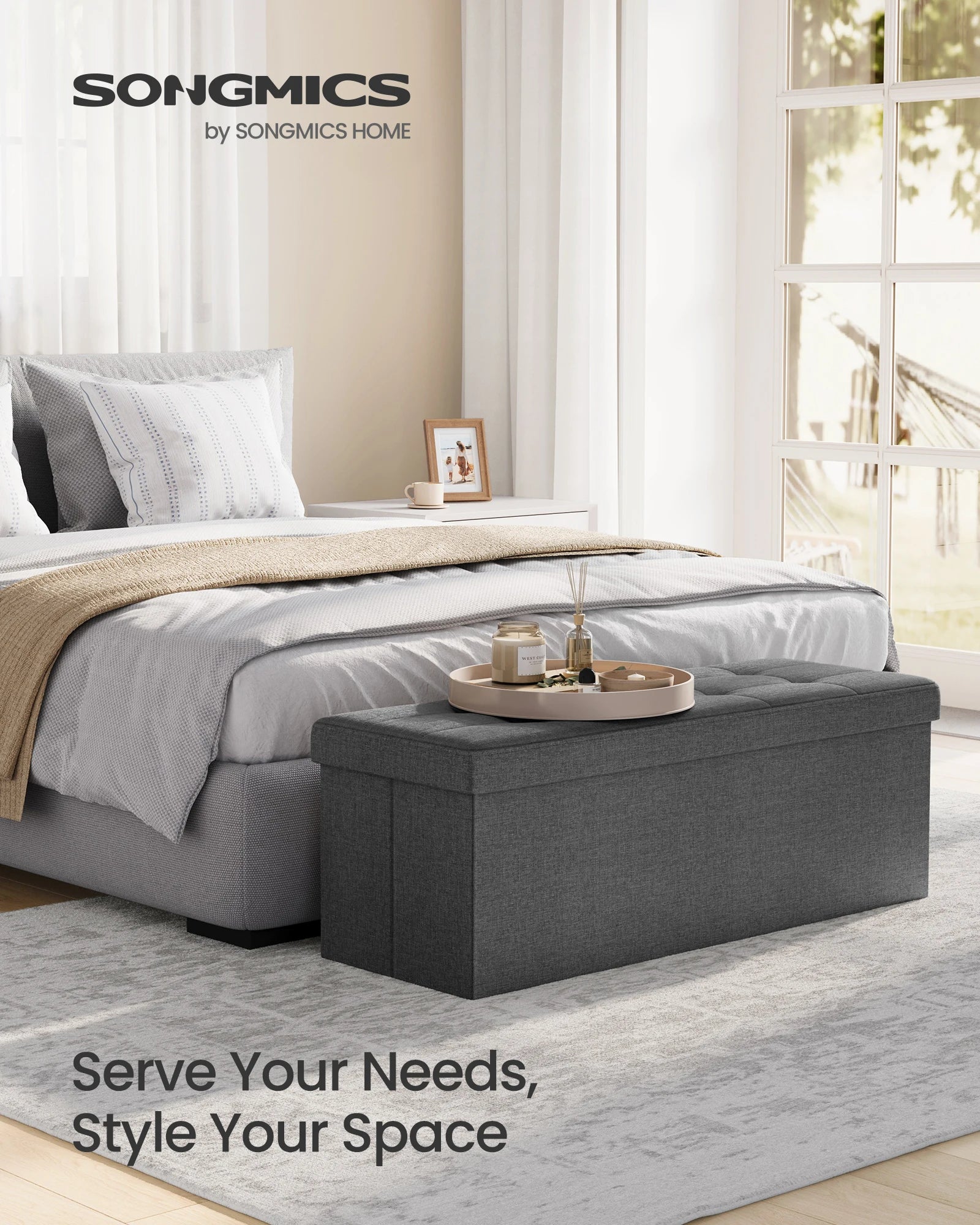 SONGMICS Mazie Collection - 43 Inches Folding Storage Ottoman Bench, Ottoman Foot Rest, End of Bed Bench, Storage Chest