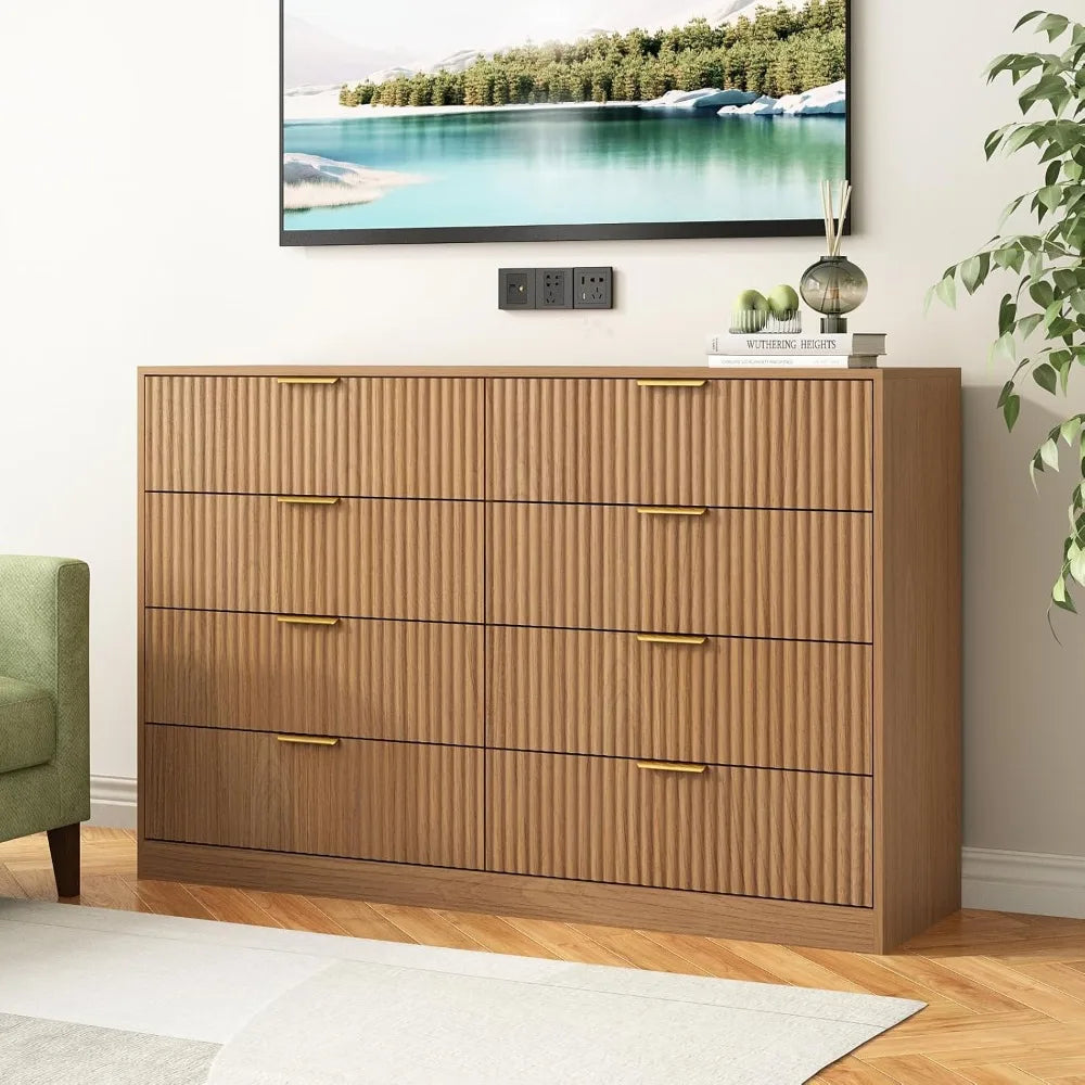 8 Drawer Dresser for Bedroom, Modern Fluted Double Dresser, 55" Wide Chest of Dressers, Mid Century Wooden Beside Table for Clos