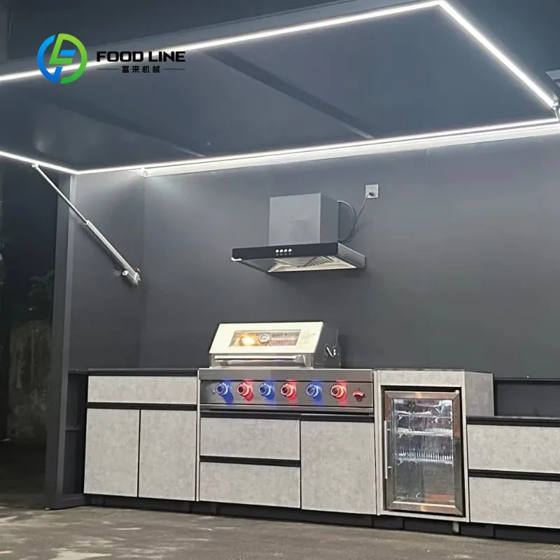 Customized Modern Premium Outdoor Kitchen 5-Burner Gas Grill 304 Stainless Steel Sink Shed Luxurious Family Party Catering Unit