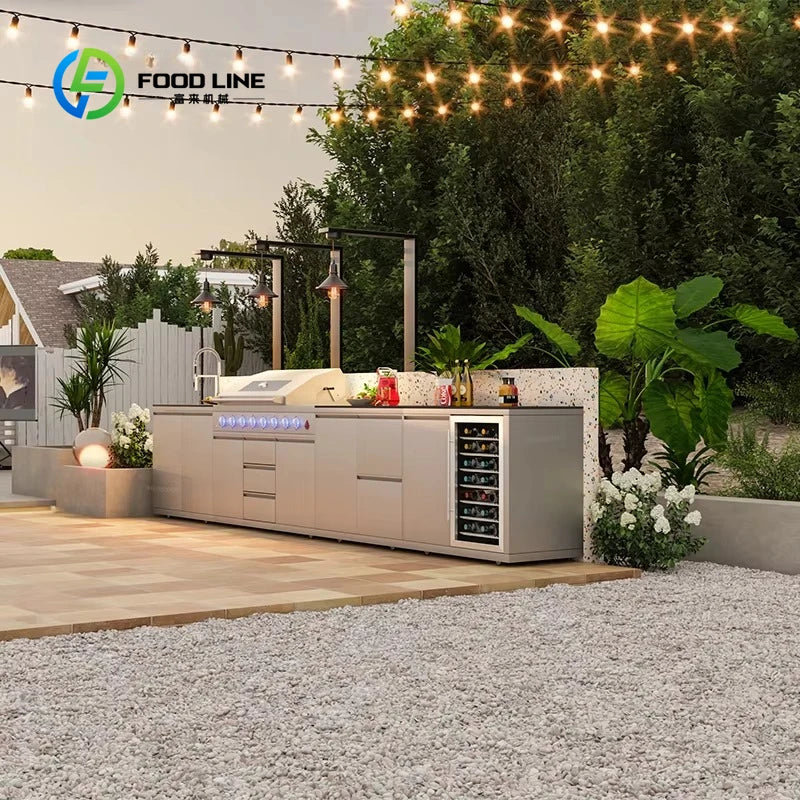 Customized Stainless Steel Color Outdoor Kitchen with 8-Burner BBQ Grill Sink Cabinet and Fridge for Patio Villa