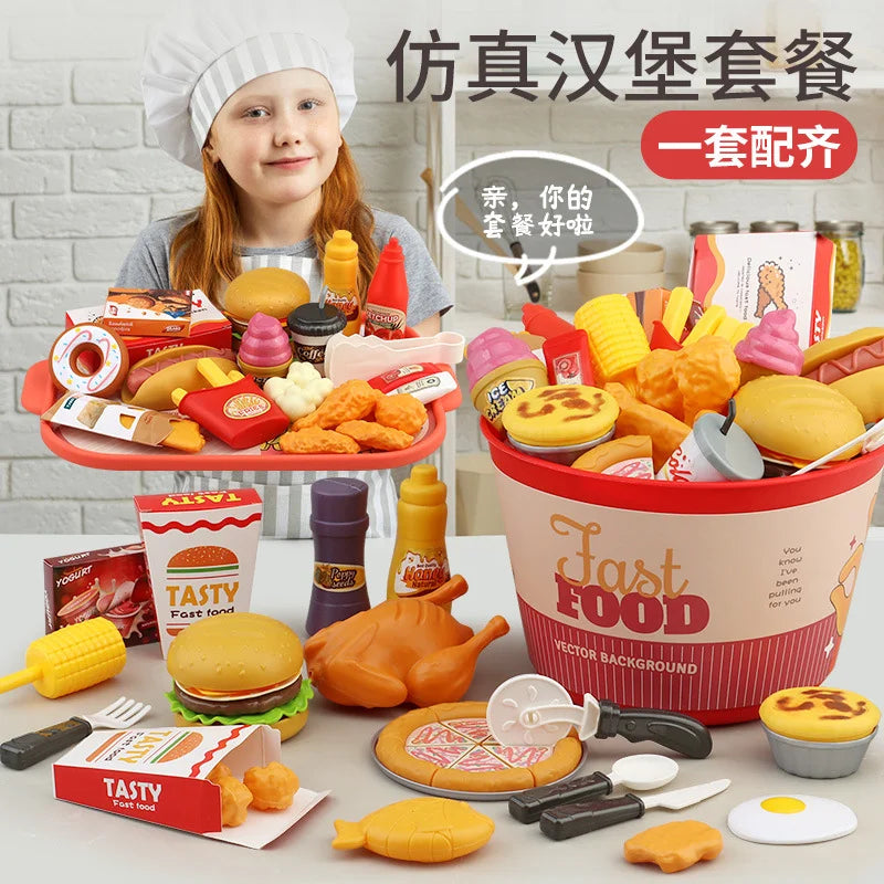 Children Pretend Play Kitchen Toys Sets Simulation Bread Burger Pizza Cooking Game Play House Party Activities Games Girl Toys
