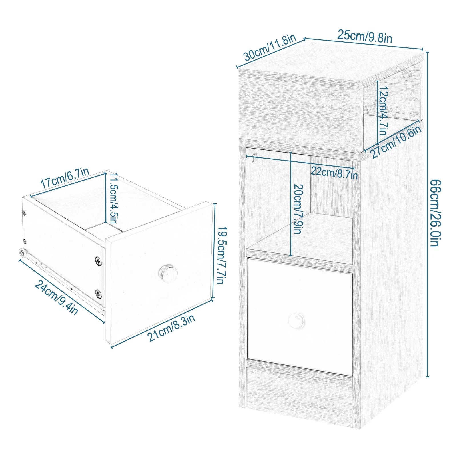 2PCs Bedroom Bedside Table with 2Open Shelves 1Drawer 25x66x30cm Slim Small Storage Cabinet Nightstand Space-Saving Home Decor