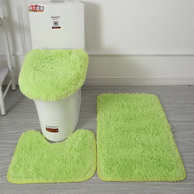 Inyahome 3pcs/set Plush Bathroom Bath Mats Set Anti Slip Toilet Rug and Toilet Lid Cover Soft Fluff Shower Carpet Floor Bath Mat