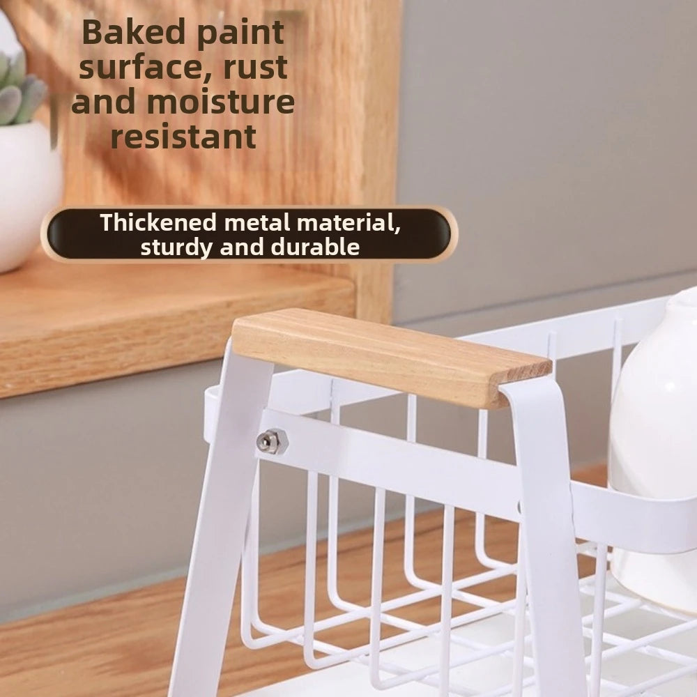 Detachable Kitchen Dish Rack Large Capacity Metal Frame Dish Drying Drain Rack Dish Drainer Wooden Handle Cutlery Cup Holders